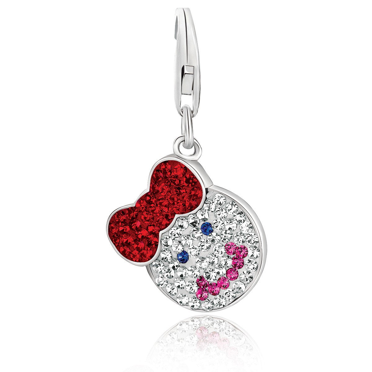 Sterling silver girl bow charm adorned with red, white, blue, and lavender crystals for an elegant touch.