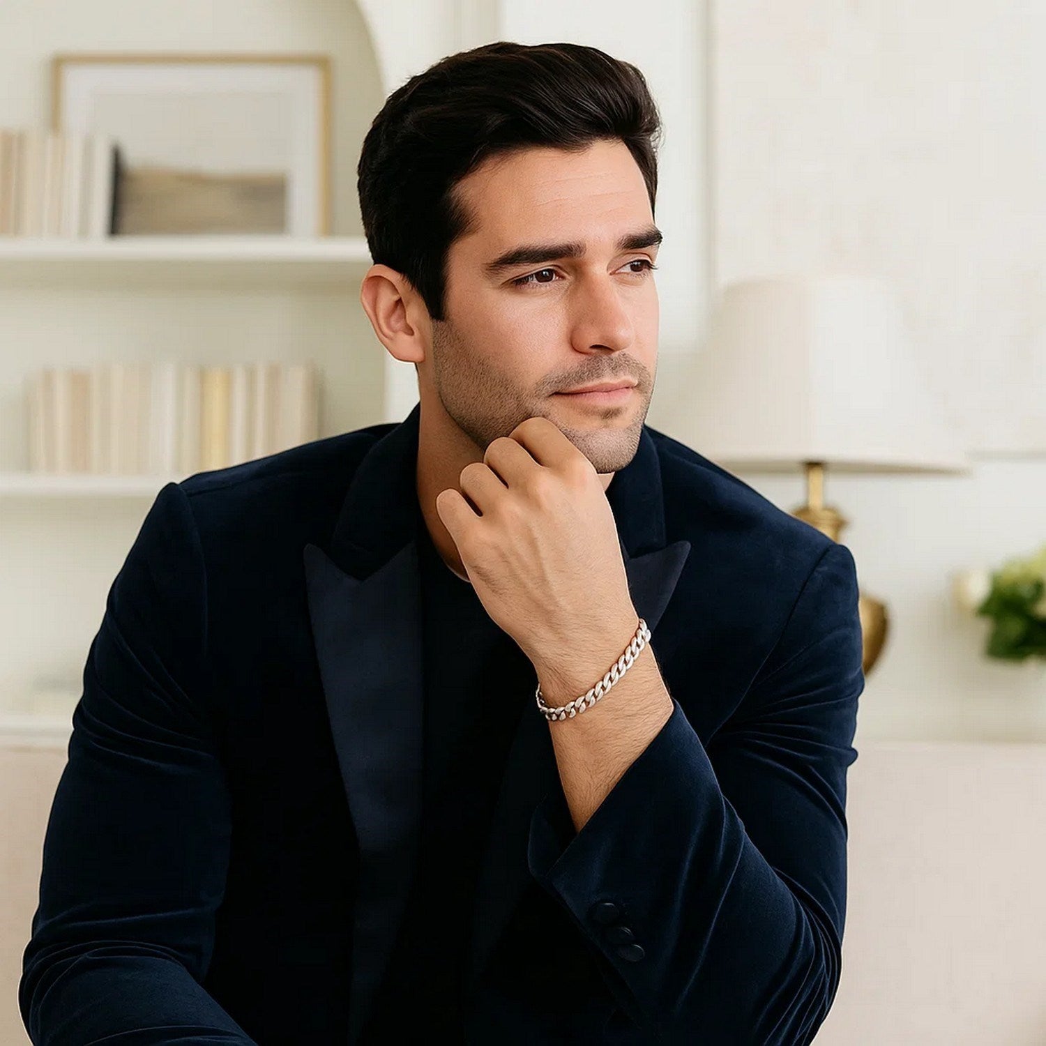 14k white gold solid curb bracelet featuring a modern design with a sleek chain and stud details, perfect for luxury styling.