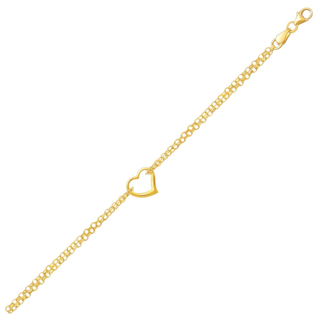 14k yellow gold double rolo chain anklet featuring a delicate open heart station for a modern, elegant touch.