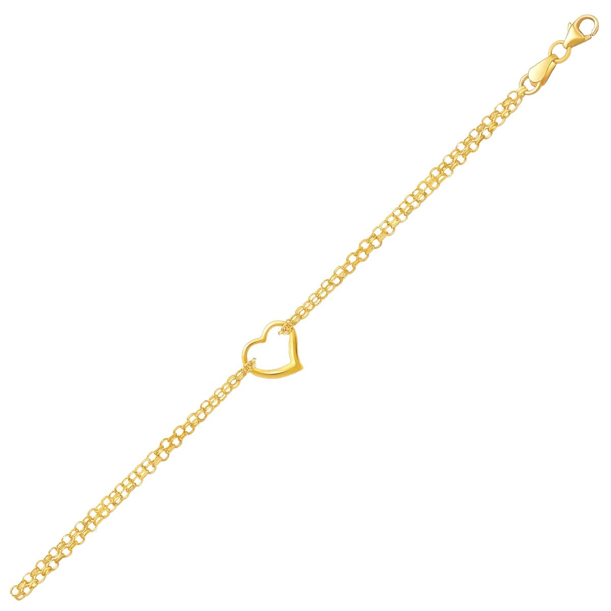 14k yellow gold double rolo chain anklet featuring a delicate open heart station for a modern, elegant touch.