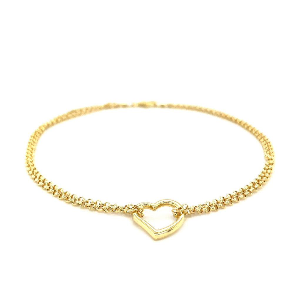 14k yellow gold double rolo chain anklet featuring a delicate open heart station for a modern, elegant touch.