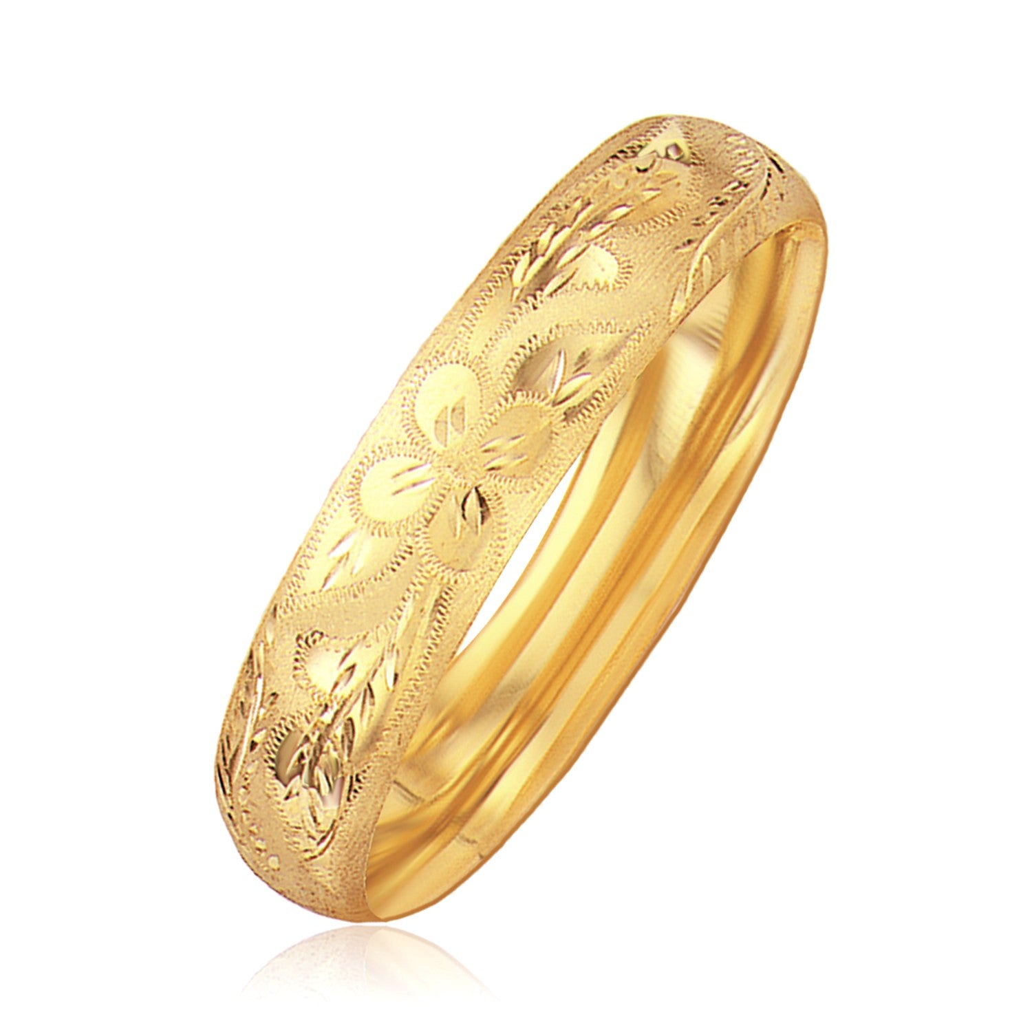 Classic floral carved bangle in 14k yellow gold, showcasing modern elegance with intricate detailing.