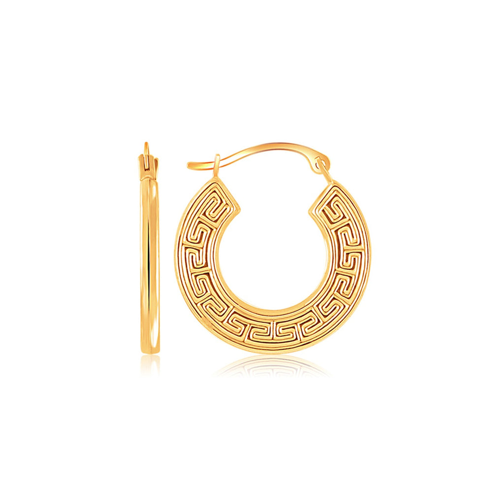 14k yellow gold small hoop earrings featuring a modern Greek key design, perfect for elegant everyday wear.
