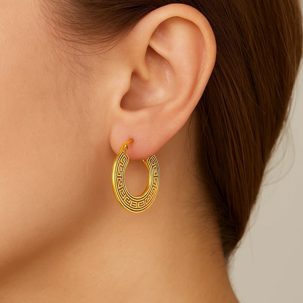 14k yellow gold small hoop earrings featuring a modern Greek key design for a sophisticated touch.