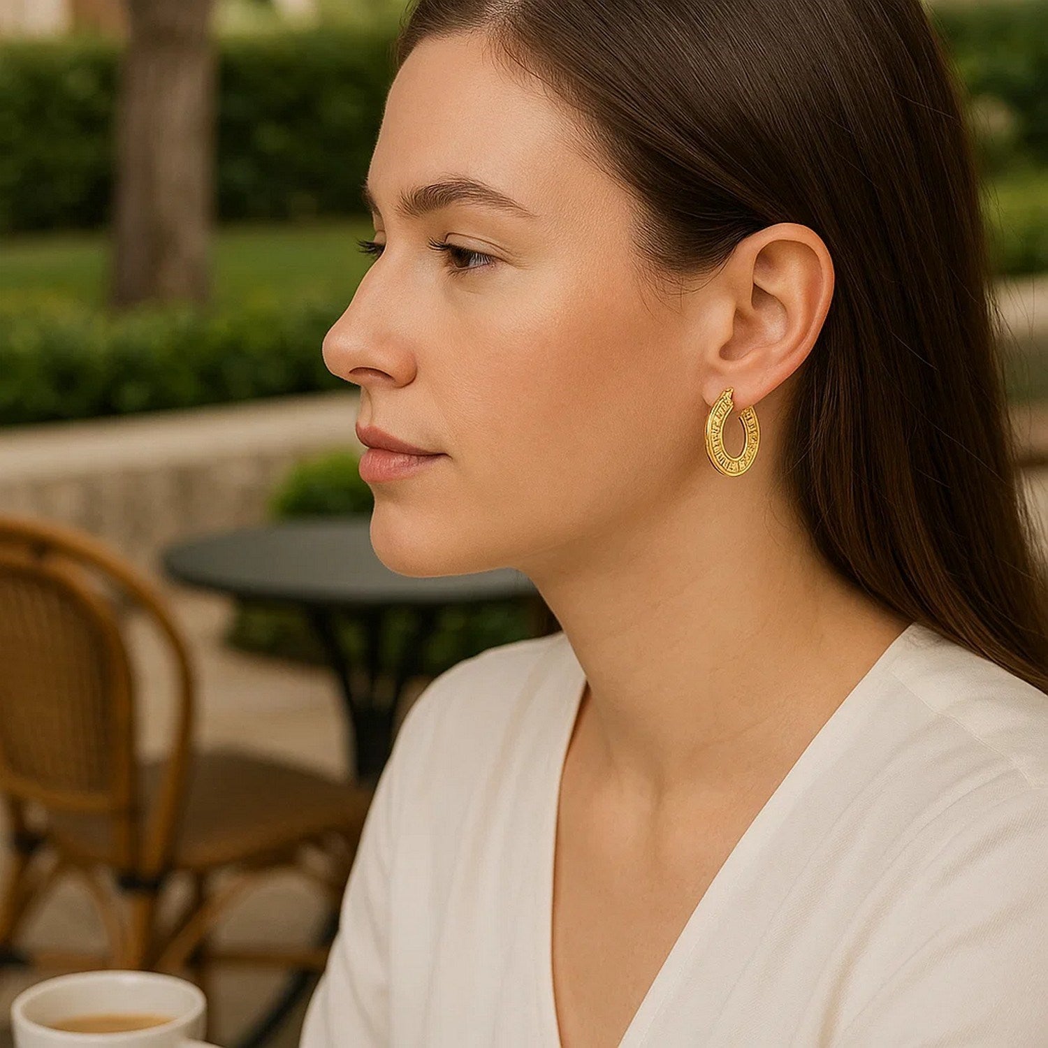 14k yellow gold Greek key small hoop earrings with a modern design, perfect for elegant everyday wear.