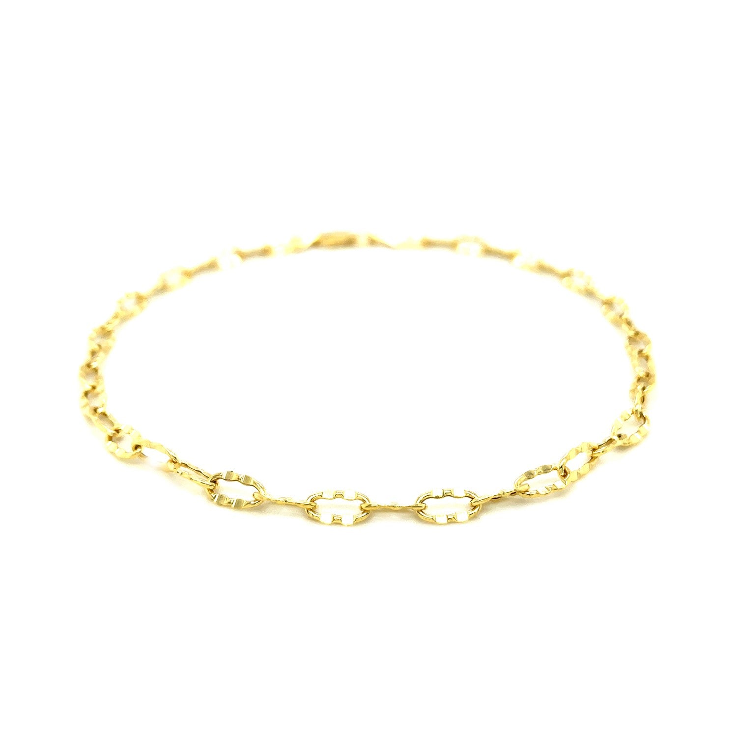 14k yellow gold anklet featuring flat hammered oval links in a modern design, perfect for elegant layering.