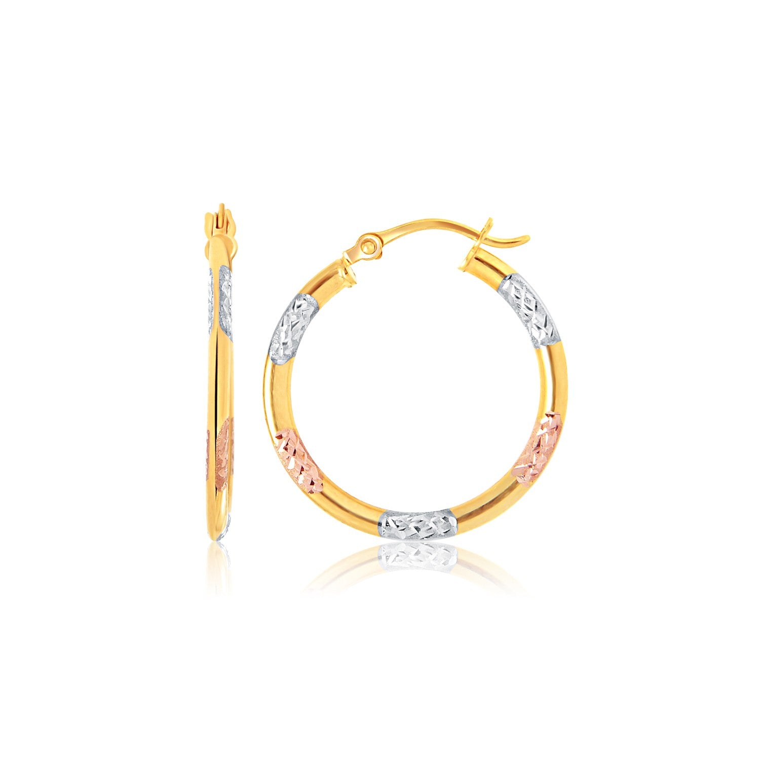 14k yellow gold tri-color diamond cut hoop earrings showcasing modern elegance and exquisite craftsmanship.