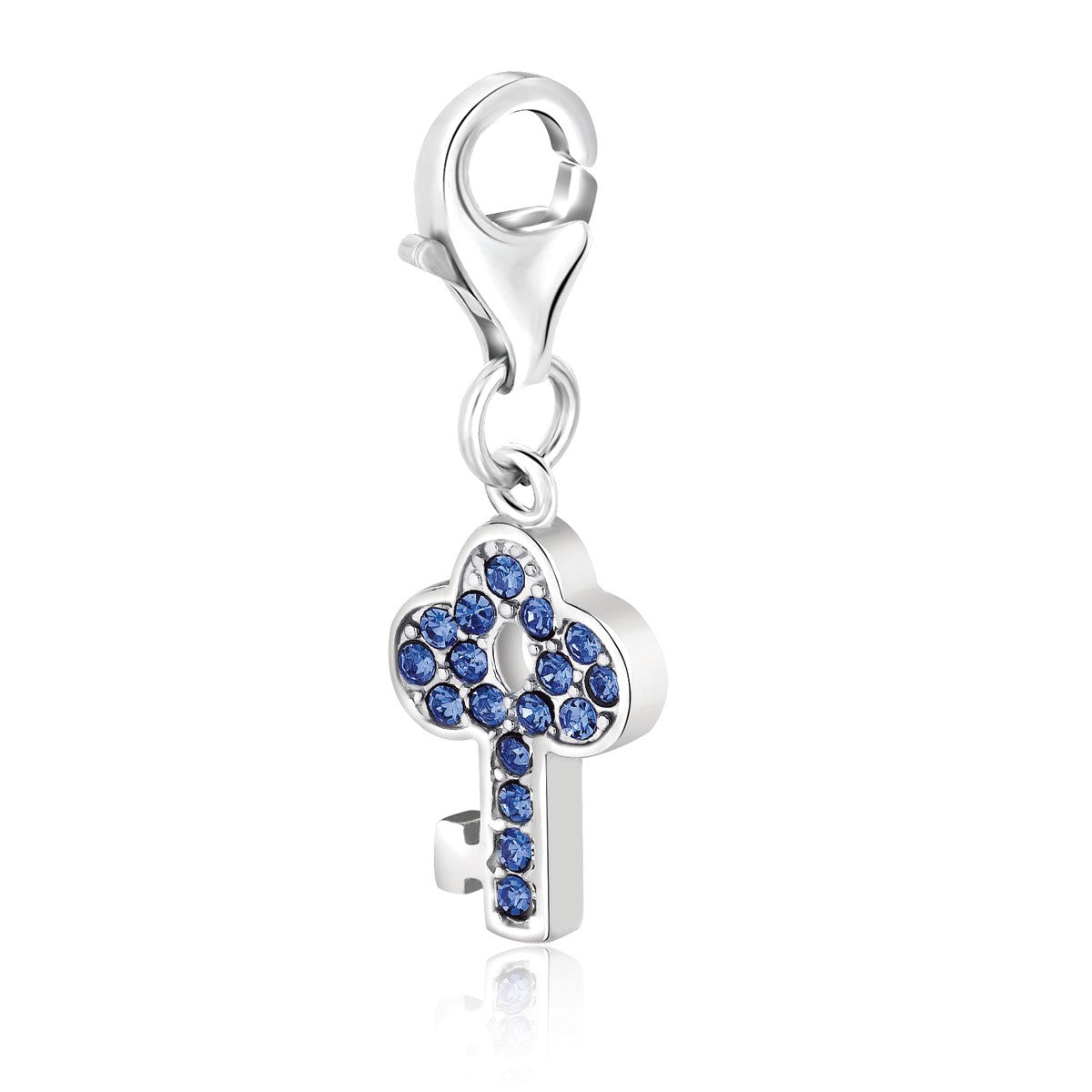 Sterling silver key charm adorned with blue tone crystals, exuding elegance and luxury for a refined accessory collection.
