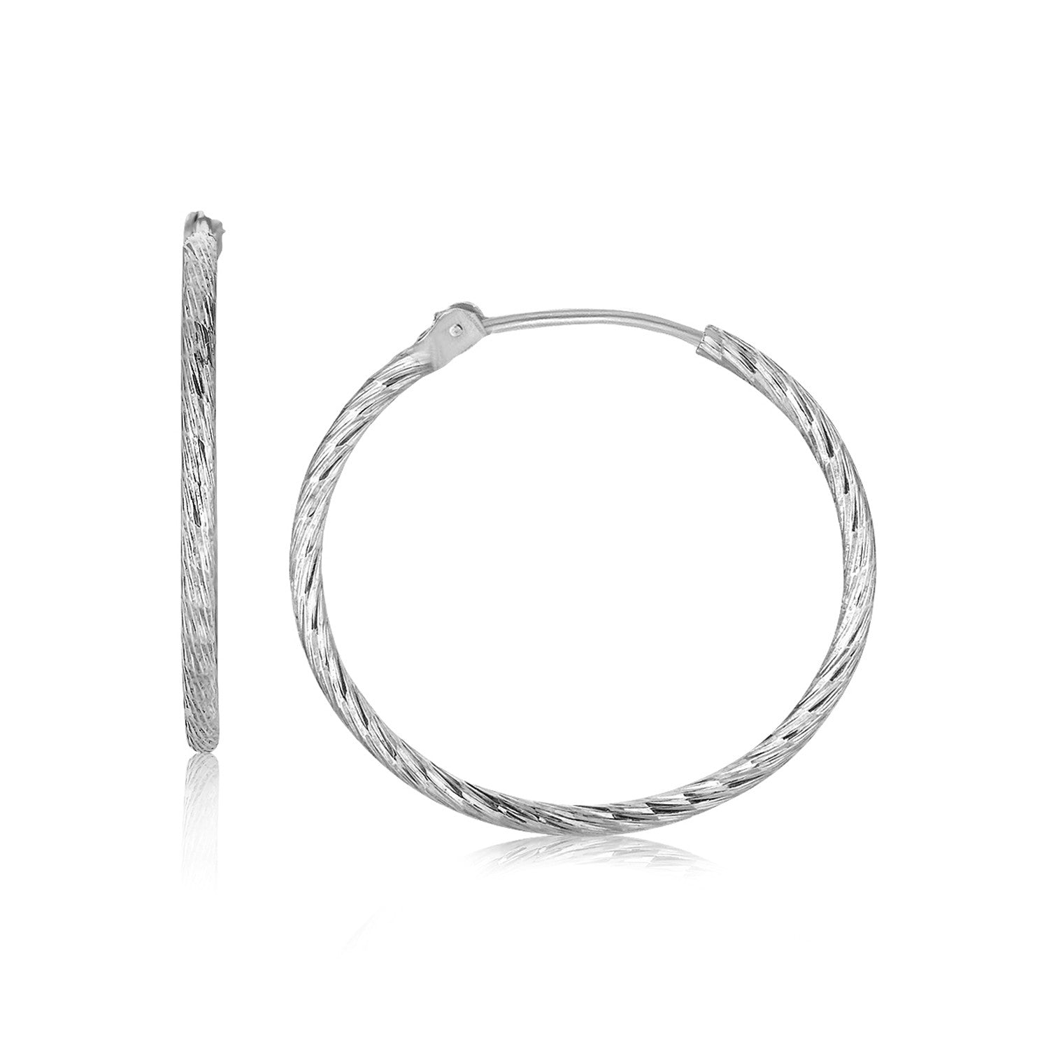 Sterling Silver Rhodium Plated Diamond Cut Hoop Earrings (24mm)