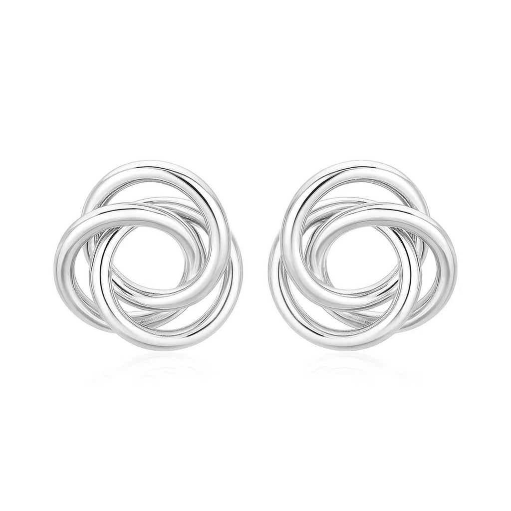Polished sterling silver open love knot earrings, showcasing a modern design with a luxurious finish.
