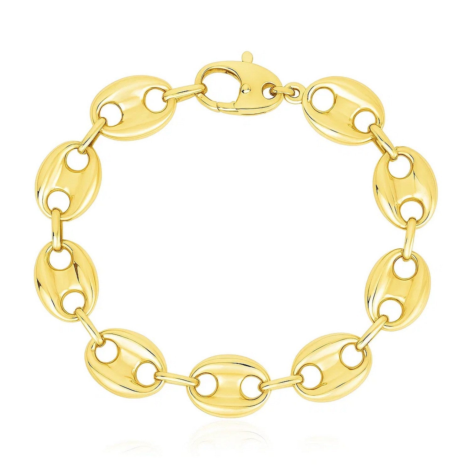 14k yellow gold high polish lite puffed mariner link bracelet, modern design with elegant, smooth links.