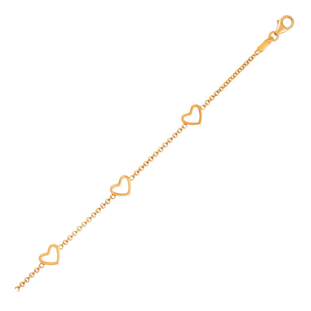14k yellow gold children's bracelet featuring delicate heart motifs in a minimalist design for luxury elegance.