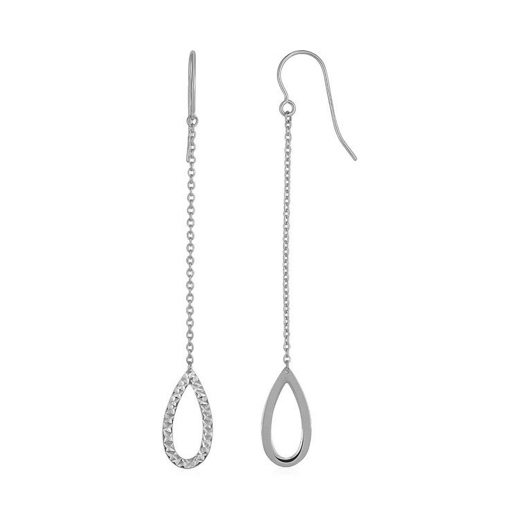 14k white gold textured pear-shaped drop earrings with elegant chain design, perfect for sophisticated occasions.