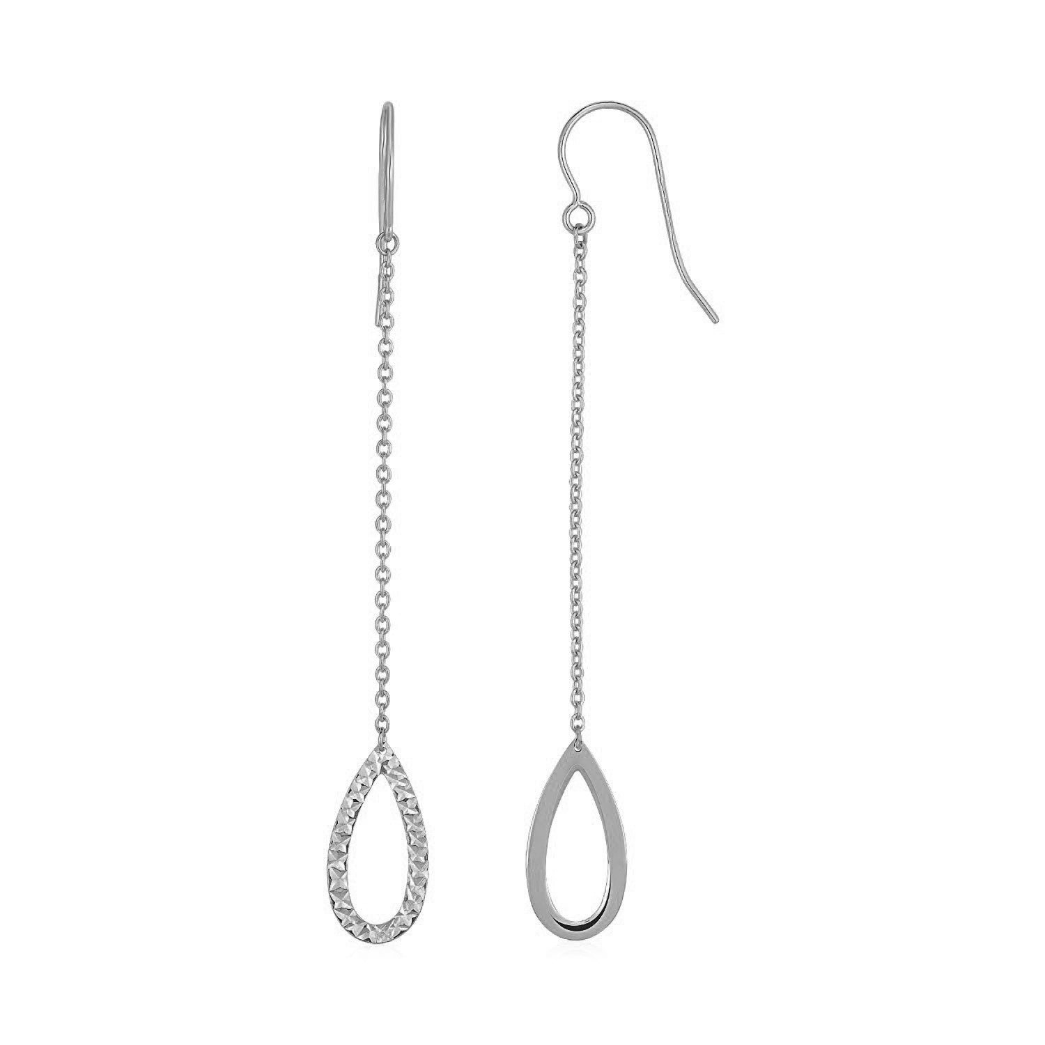 14k white gold textured pear-shaped drop earrings with elegant chain design, perfect for sophisticated occasions.