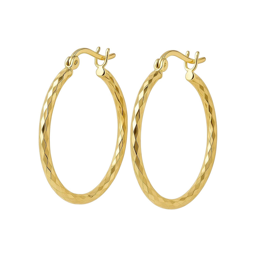 14k yellow gold slender hoop earrings with diamond-cut finish, modern design, 25mm diameter, perfect for elegant occasions