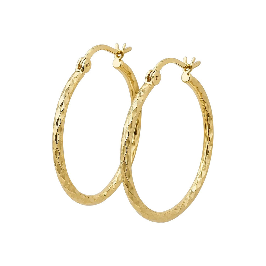 14k yellow gold slender hoop earrings with a diamond-cut finish, modern design, 25mm diameter, perfect for elegant occasions.