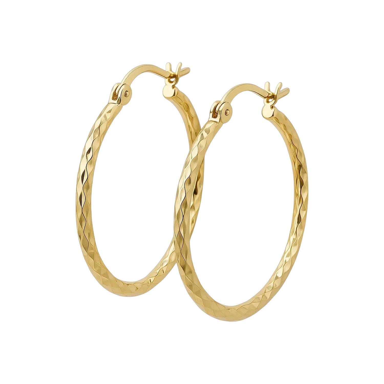 14k yellow gold slender hoop earrings with a diamond-cut finish, modern design, 25mm diameter, perfect for elegant occasions.