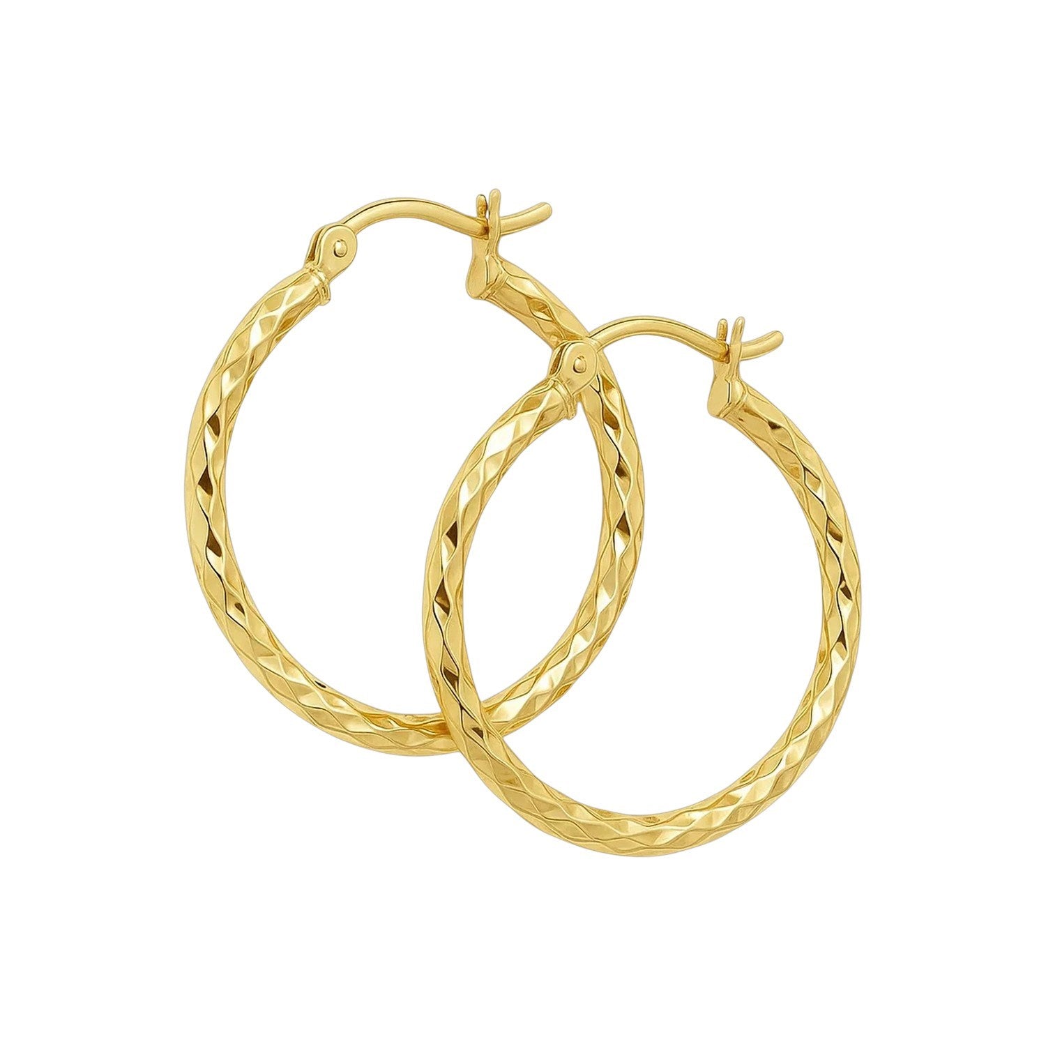 14k yellow gold slender hoop earrings with diamond-cut finish, modern design, 25mm diameter for elegant sophistication.