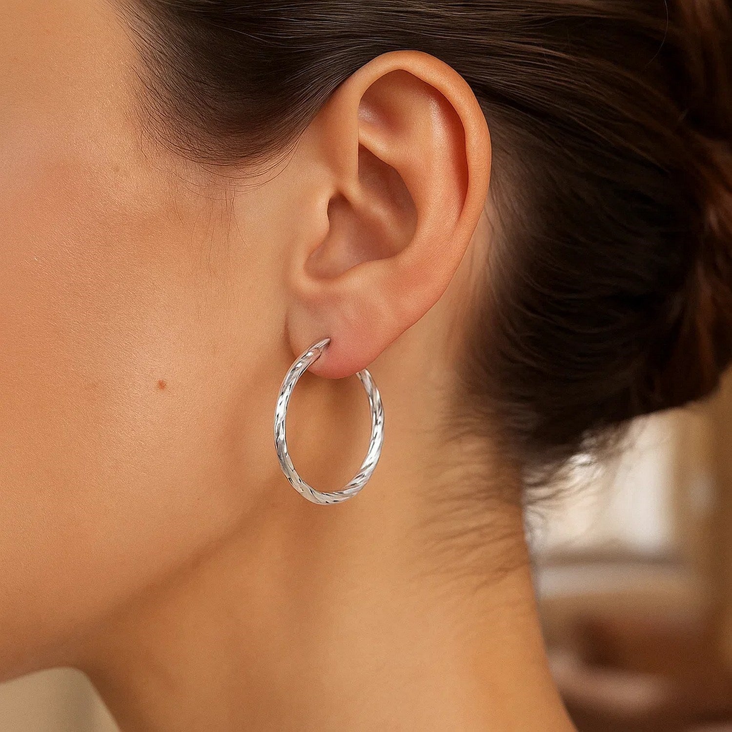 Sterling Silver Diamond Cut Hoop Earrings with Rhodium Plating