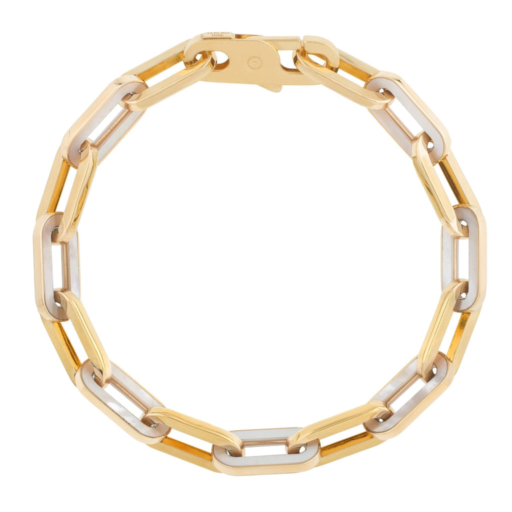 14k yellow gold modern paperclip bracelet featuring lustrous MOP gem links, perfect for elegant layering.