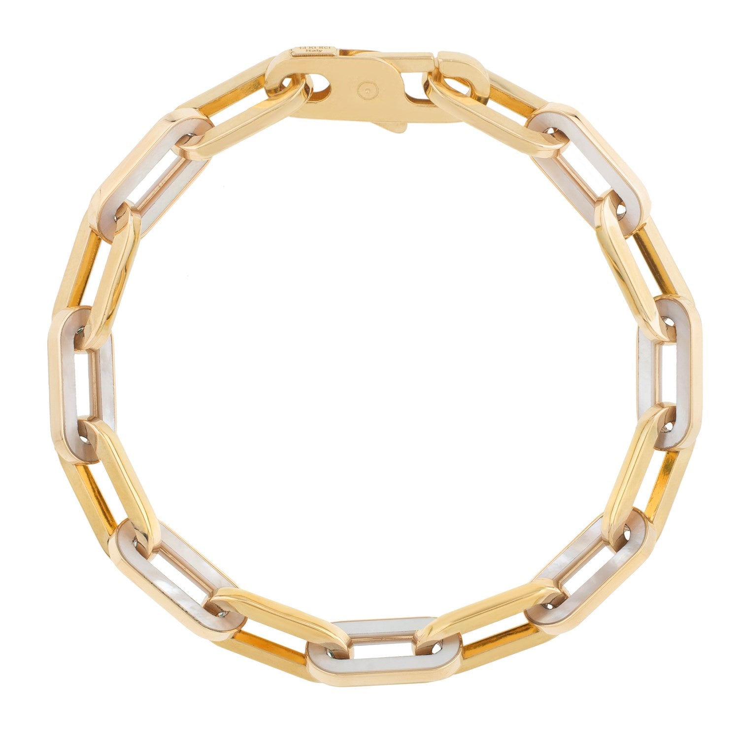 14k yellow gold modern paperclip bracelet featuring lustrous MOP gem links, perfect for elegant layering.