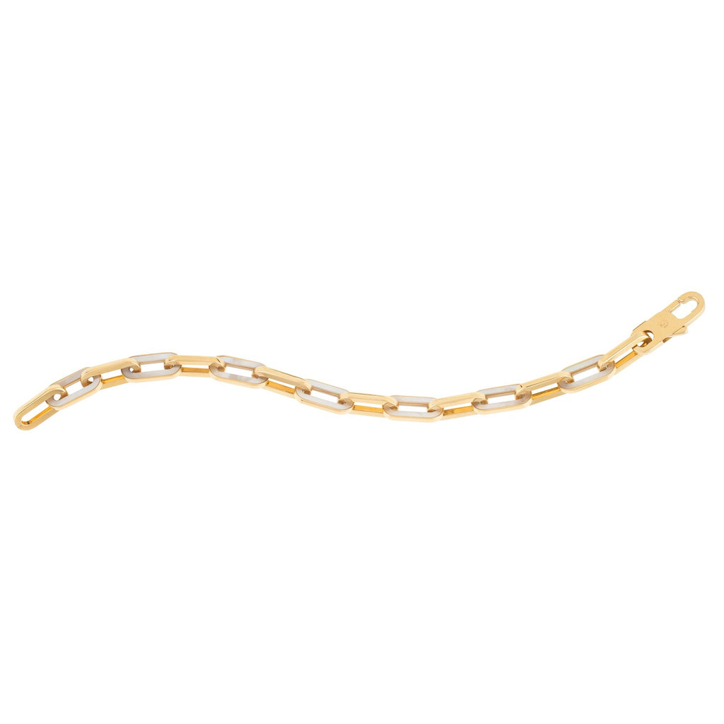 14k yellow gold modern paperclip gem link bracelet showcasing elegant chain design and lustrous mother-of-pearl accents.