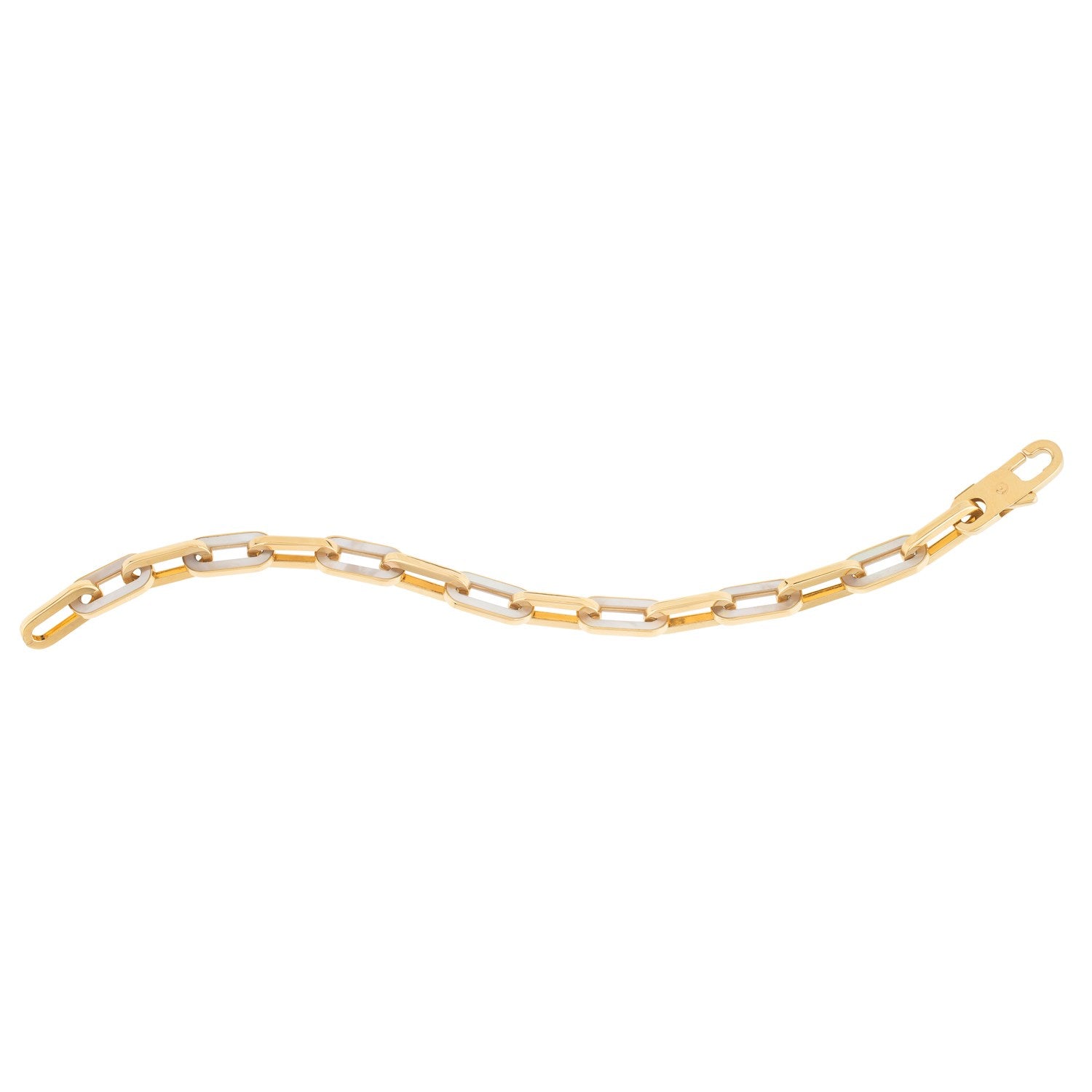 14k yellow gold modern paperclip gem link bracelet showcasing elegant chain design and lustrous mother-of-pearl accents.