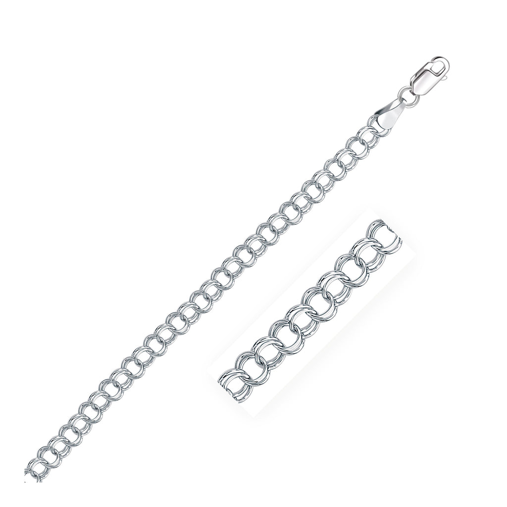 14k white gold solid double link charm bracelet, elegantly designed with round links for a timeless luxury appeal.
