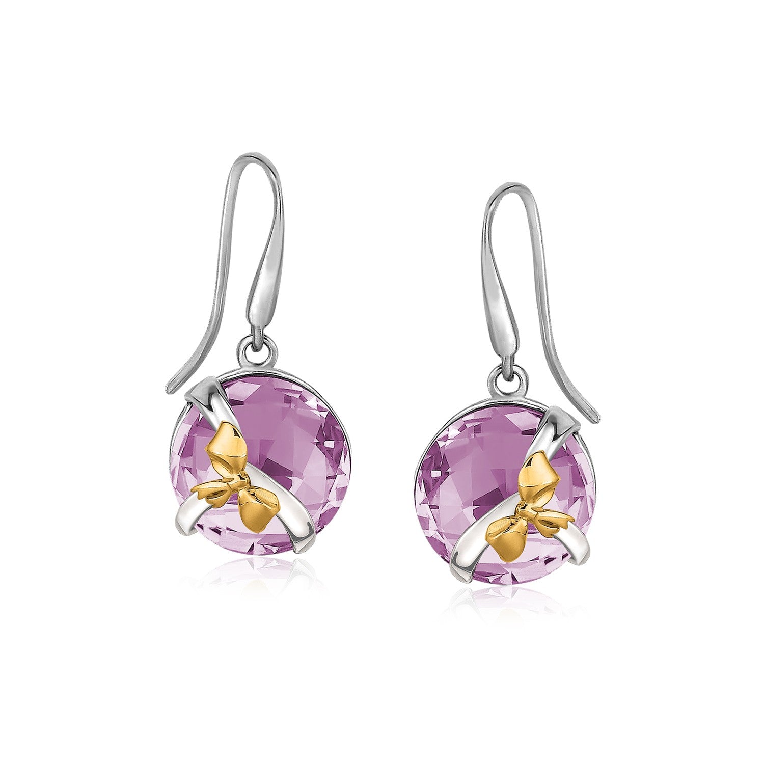 18K Yellow Gold and Sterling Silver Bow Style Drop Earrings