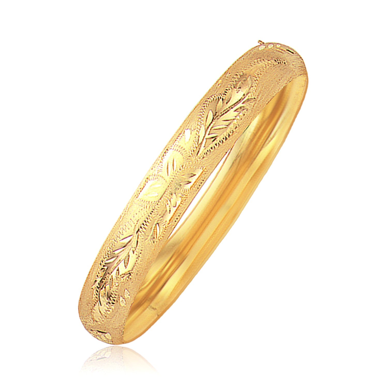 Classic floral carved bangle in 14k yellow gold, featuring elegant design and timeless appeal for luxury jewelry lovers.