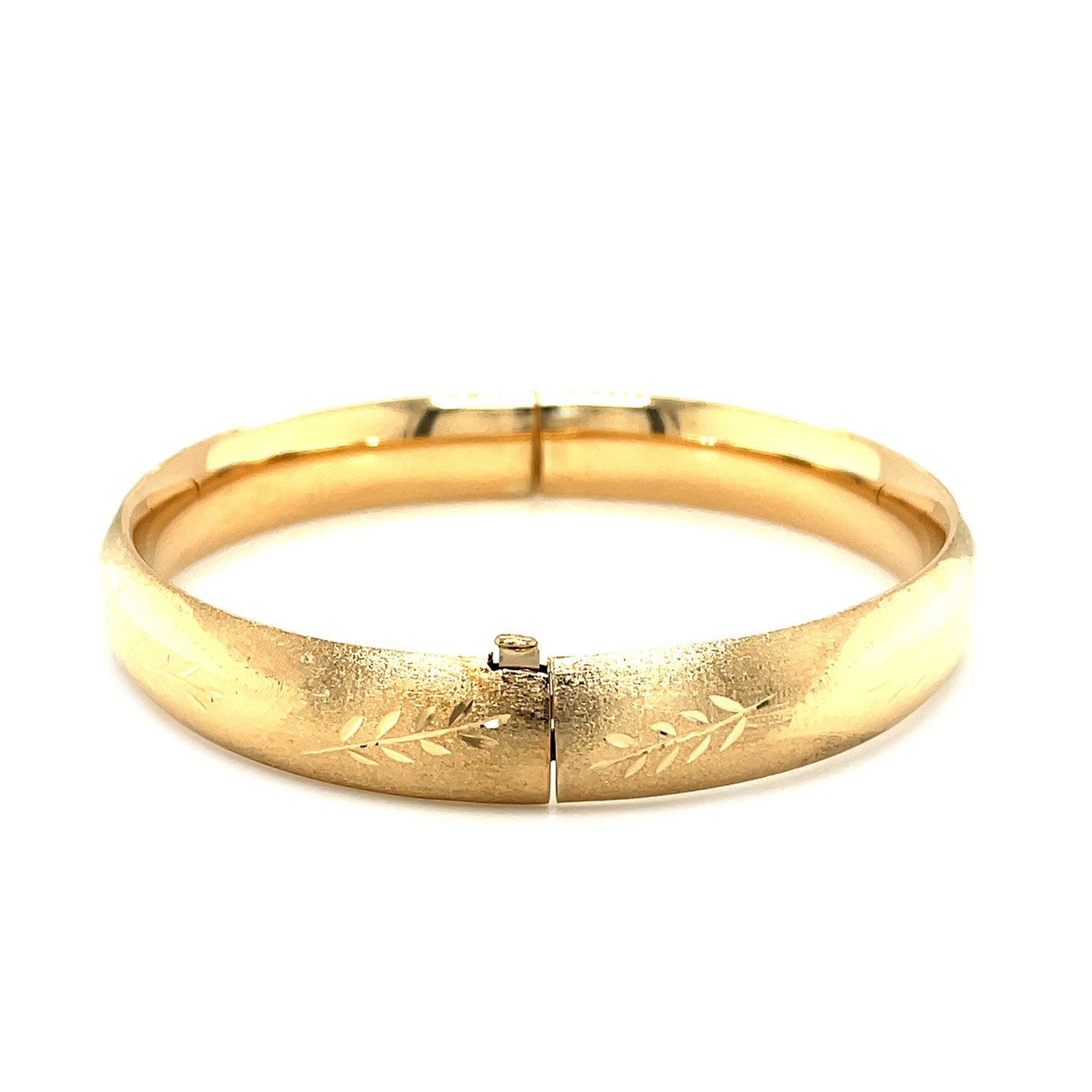 Classic floral carved bangle in 14k yellow gold, featuring elegant stud and drop design, perfect for luxury occasions.