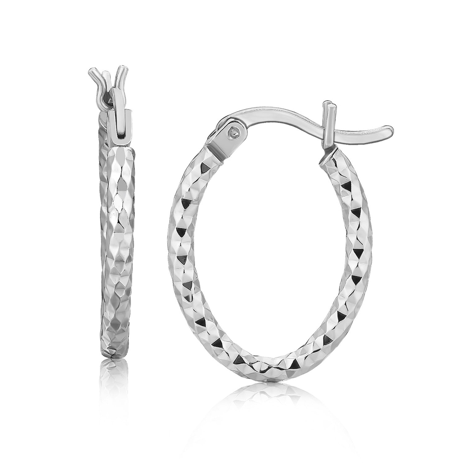 Sterling Silver Rhodium Plated Diamond Cut Textured Hoop Earrings