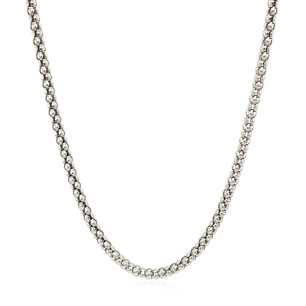 Rhodium plated 2.5mm sterling silver popcorn style chain with modern design and elegant shine.