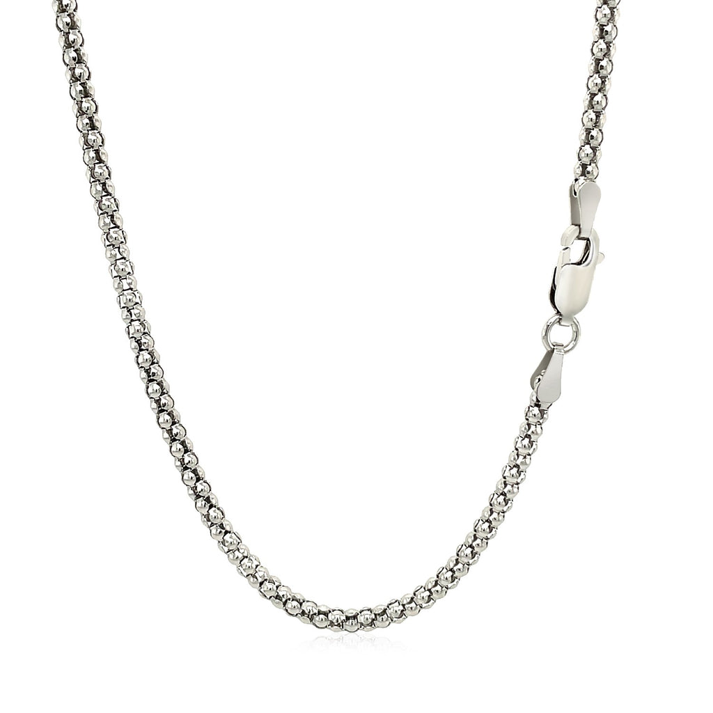 Rhodium plated 2.5mm sterling silver popcorn style chain, modern design with elegant texture and shine.