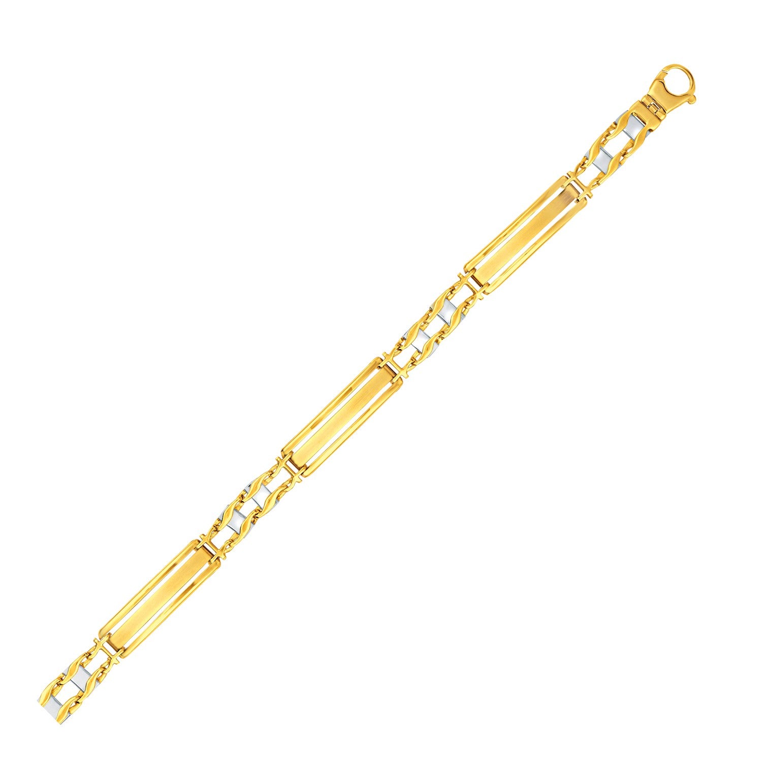 14k two-tone gold fancy bar style men's bracelet featuring elegant curved connectors and contemporary design.