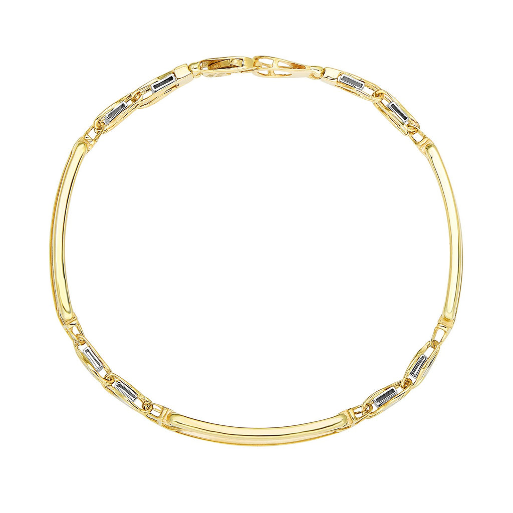 14k two-tone gold men's bracelet featuring elegant curved connectors in a contemporary bar style.