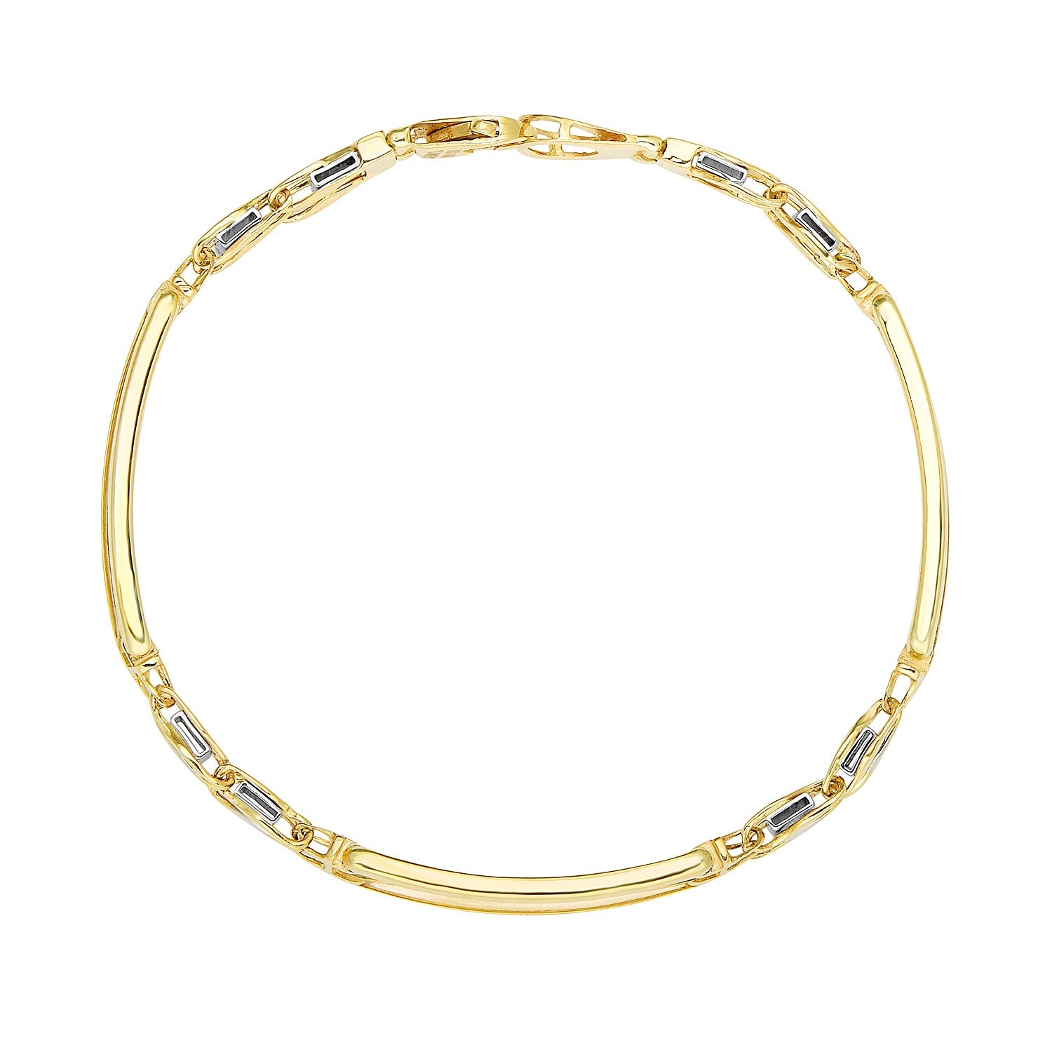 14k two-tone gold men's bracelet featuring elegant curved connectors in a contemporary bar style.