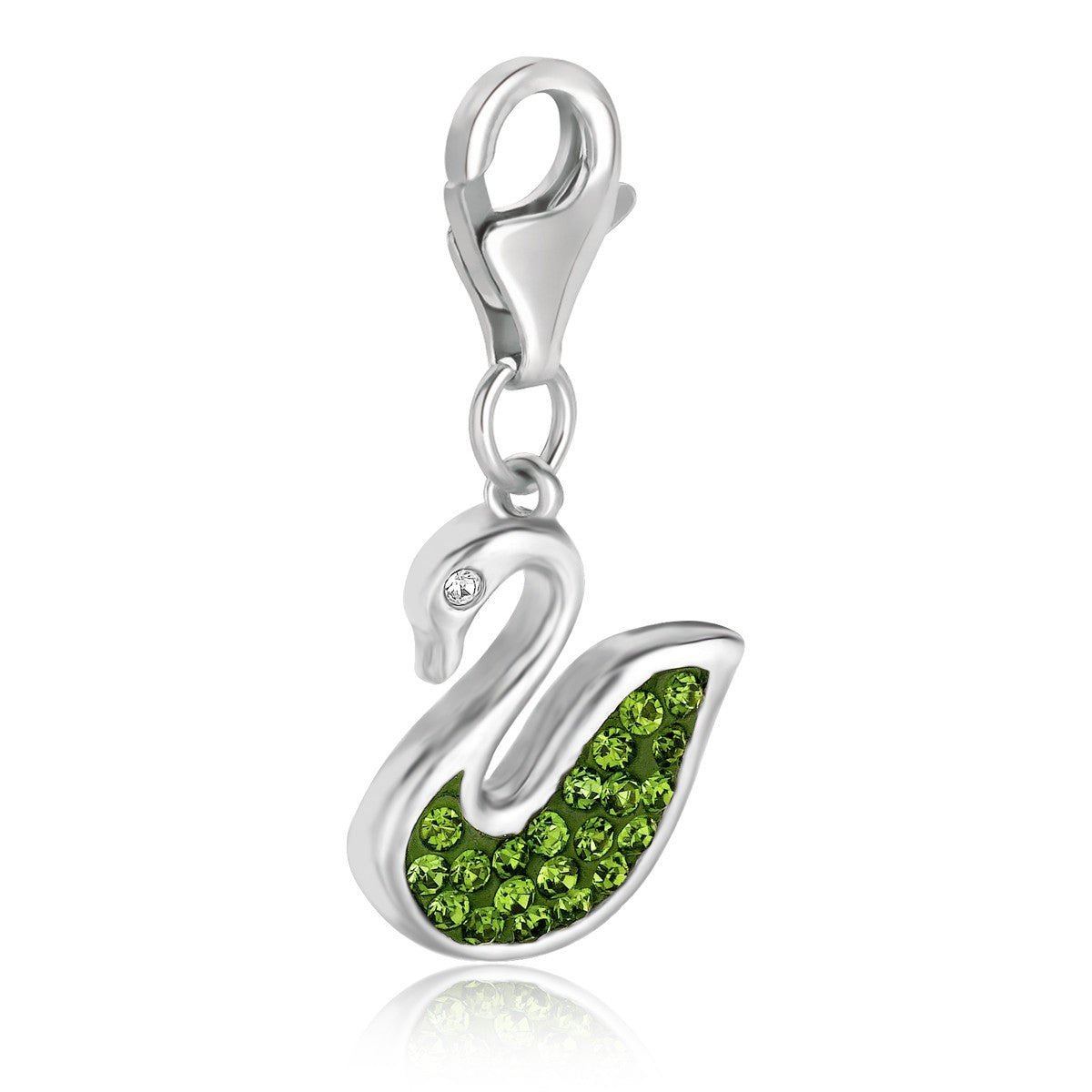 Sterling silver charm featuring an elegant swan design adorned with green tone crystal embellishments.