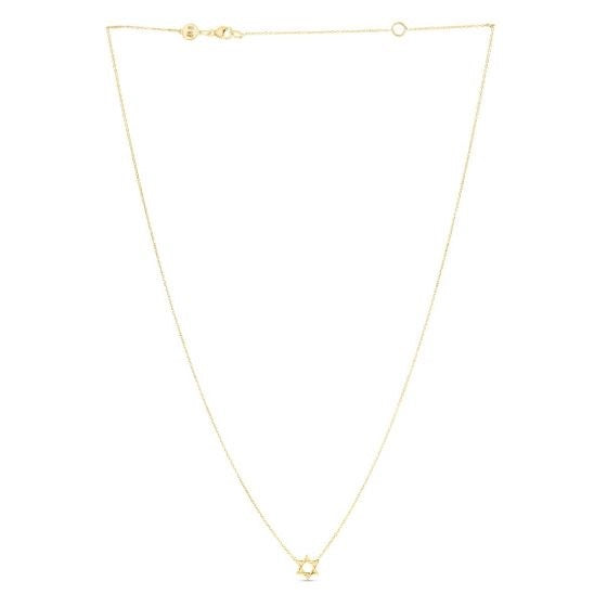 Contemporary 14k yellow gold Star of David necklace with elegant chain, showcasing refined craftsmanship and luxury.