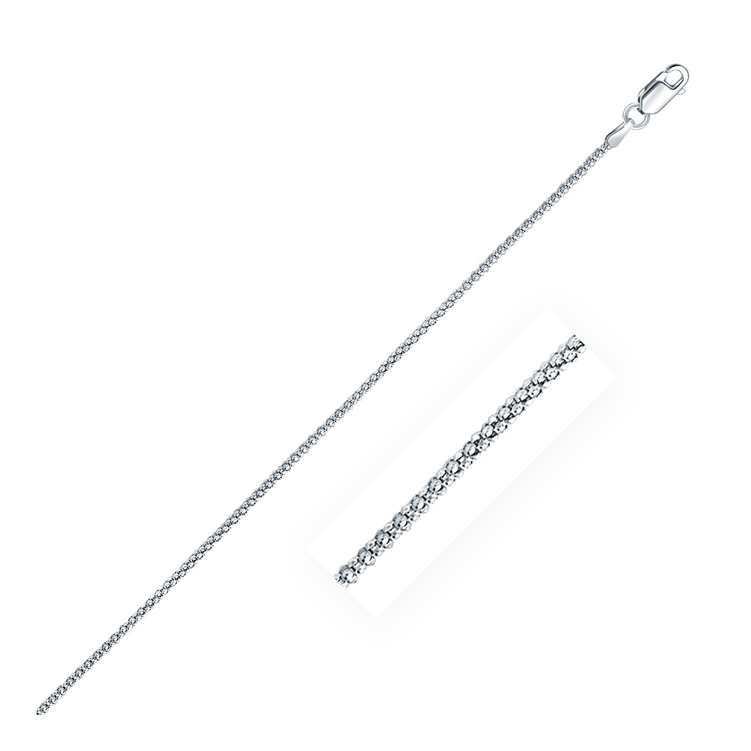 Rhodium plated 1.8mm sterling silver popcorn style chain, modern design for elegant layering or standalone wear.