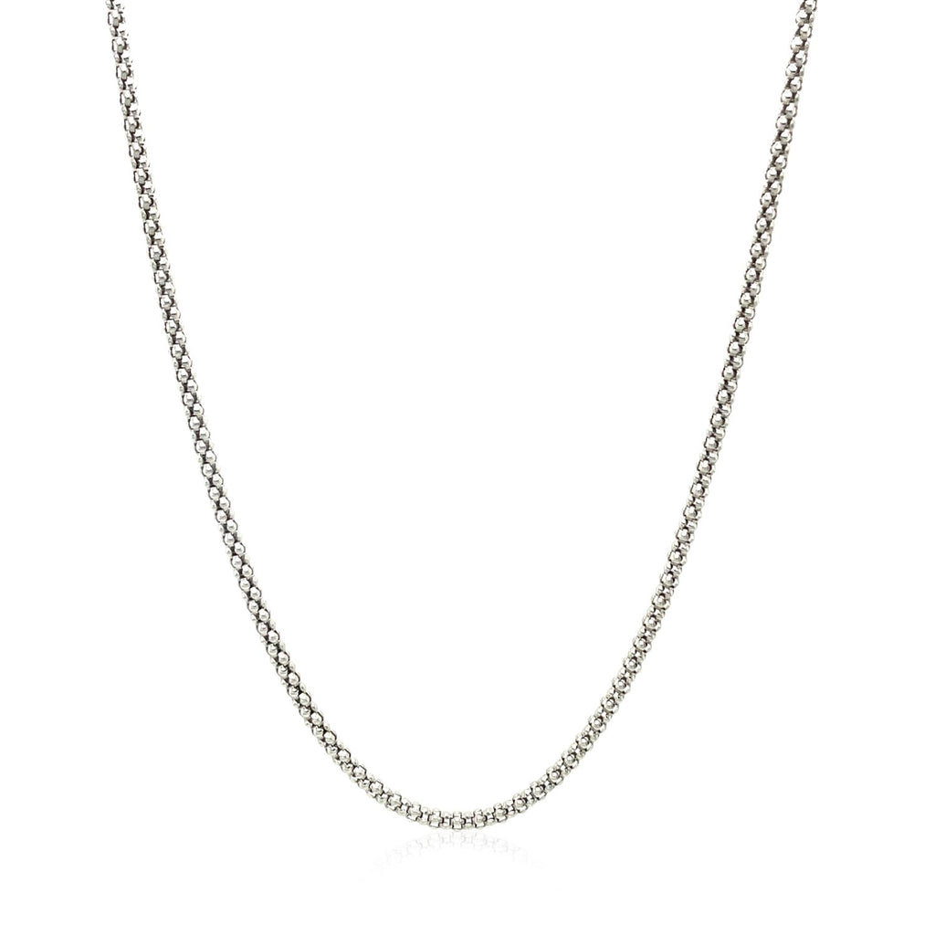 Rhodium plated 1.8mm sterling silver popcorn style chain with modern design, perfect for layering or standalone elegance.