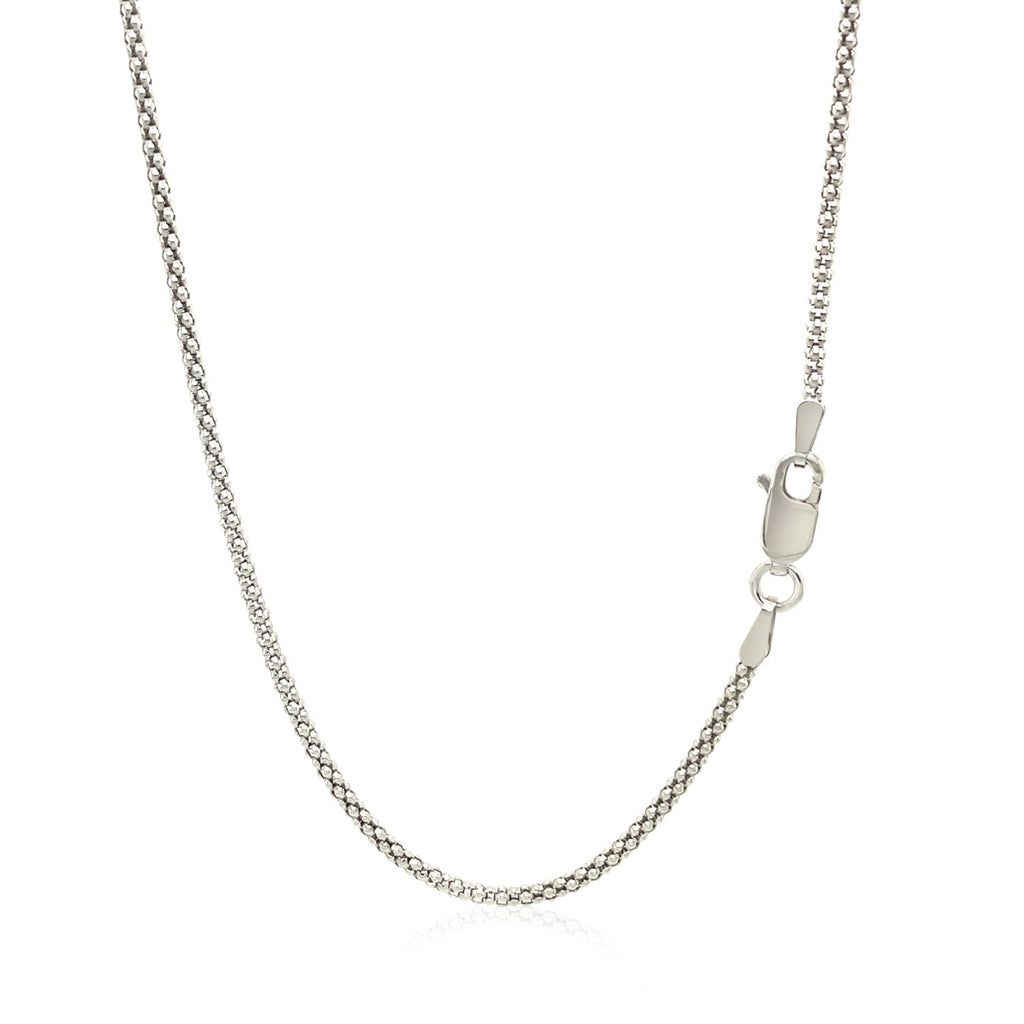 Rhodium plated 1.8mm sterling silver popcorn style chain, modern design with elegant texture and shine.