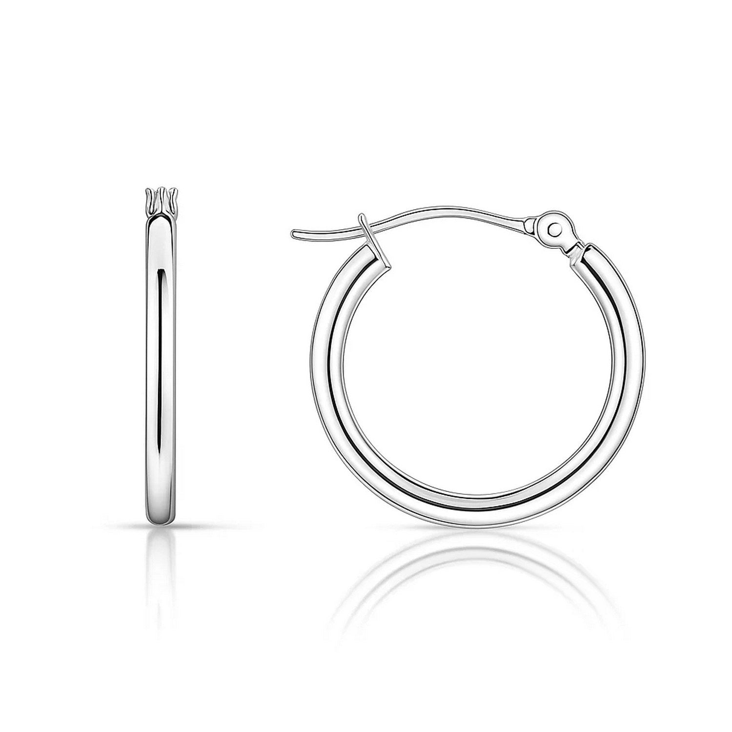 Polished 14k white gold hoop earrings showcasing a modern design and elegant shine from multiple angles.