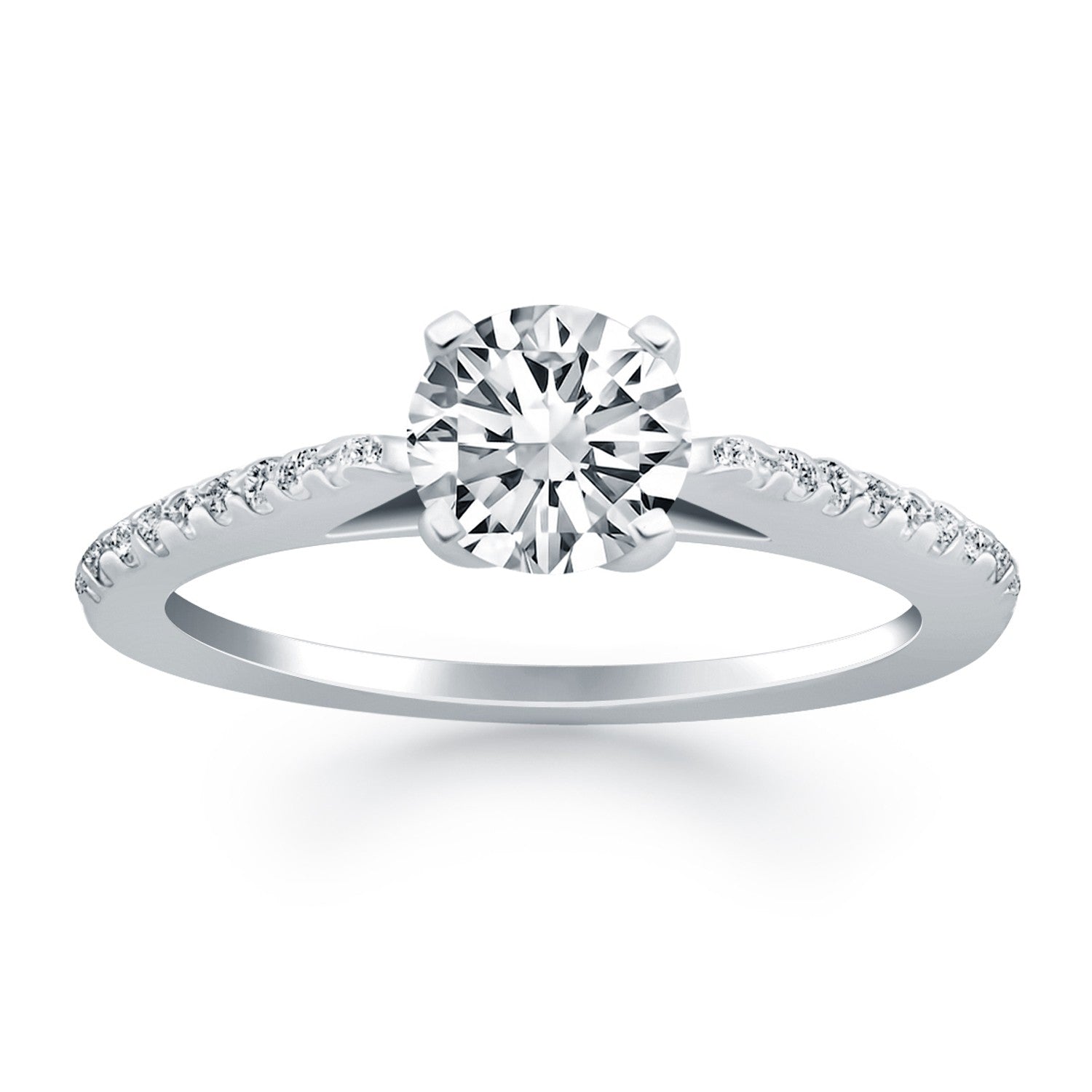 14k white gold micro prong diamond cathedral engagement ring with a stunning round center stone, embodying modern elegance.
