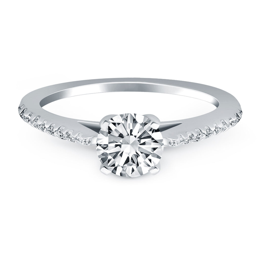 14k white gold micro prong diamond cathedral engagement ring showcasing a stunning round center stone in modern design.