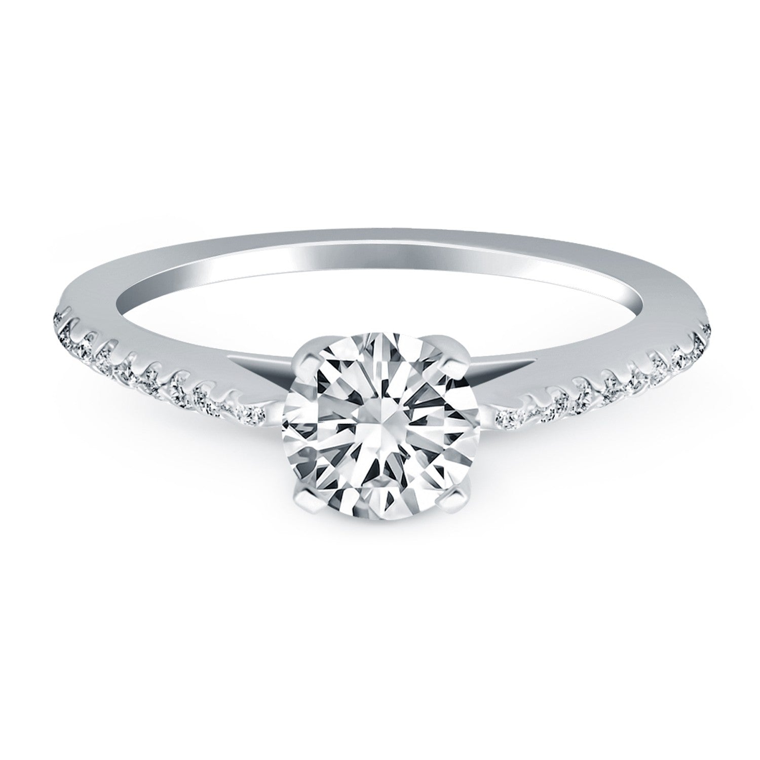 14k white gold micro prong diamond cathedral engagement ring showcasing a stunning round center stone in modern design.