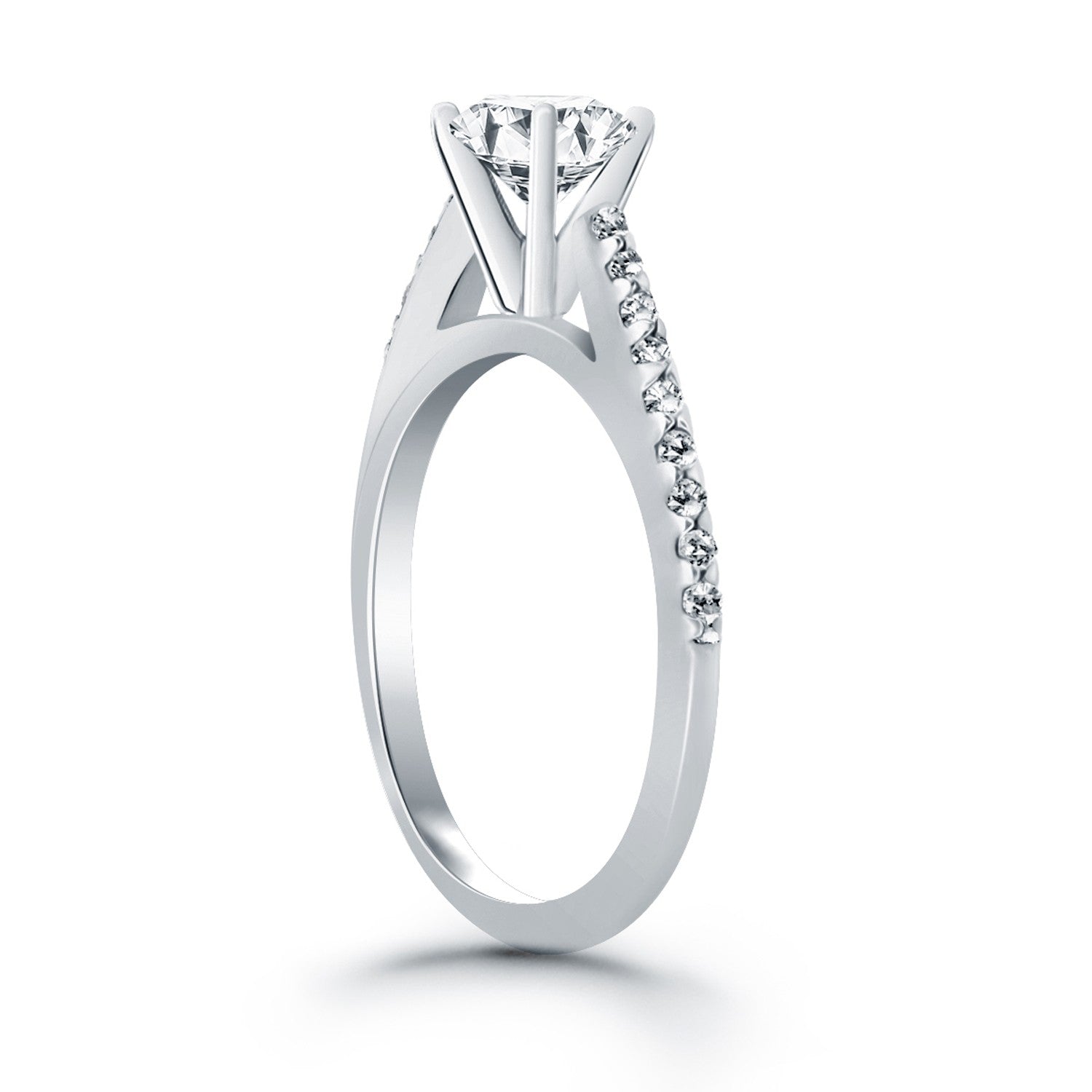 14k white gold micro prong diamond cathedral engagement ring showcasing a stunning round center stone in modern design.