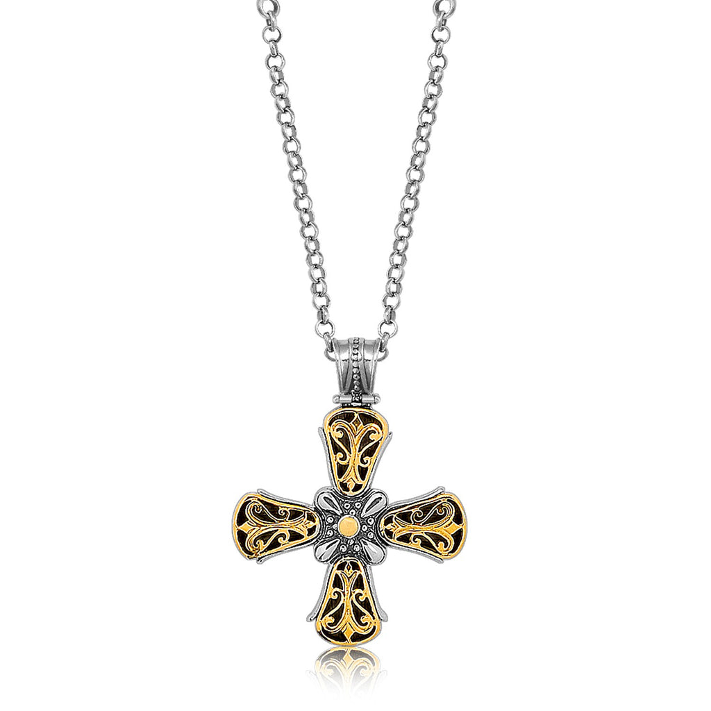 18K yellow gold and sterling silver antique style cross pendant with intricate detailing and modern elegance.