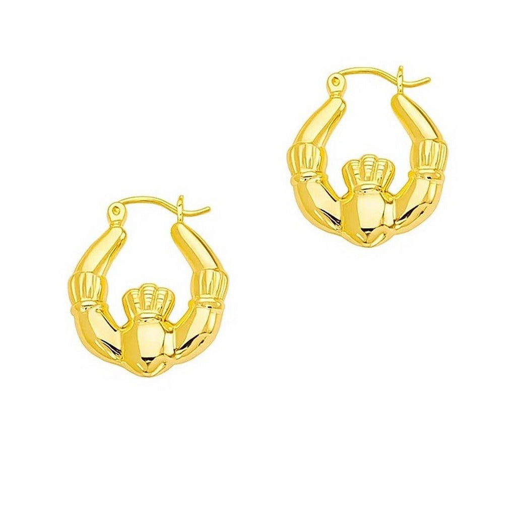 14K yellow gold modern Claddagh symbol hoop earrings, showcasing timeless elegance and craftsmanship.