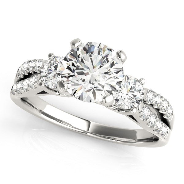 14k white gold split shank engagement ring featuring three round diamonds in a modern prong setting, 2 cttw.